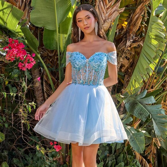 New Off Shoulder Short Fashion Forward Mesh Dress w/ Sheer Boned Bodice GS3684 - Picture 4 of 9